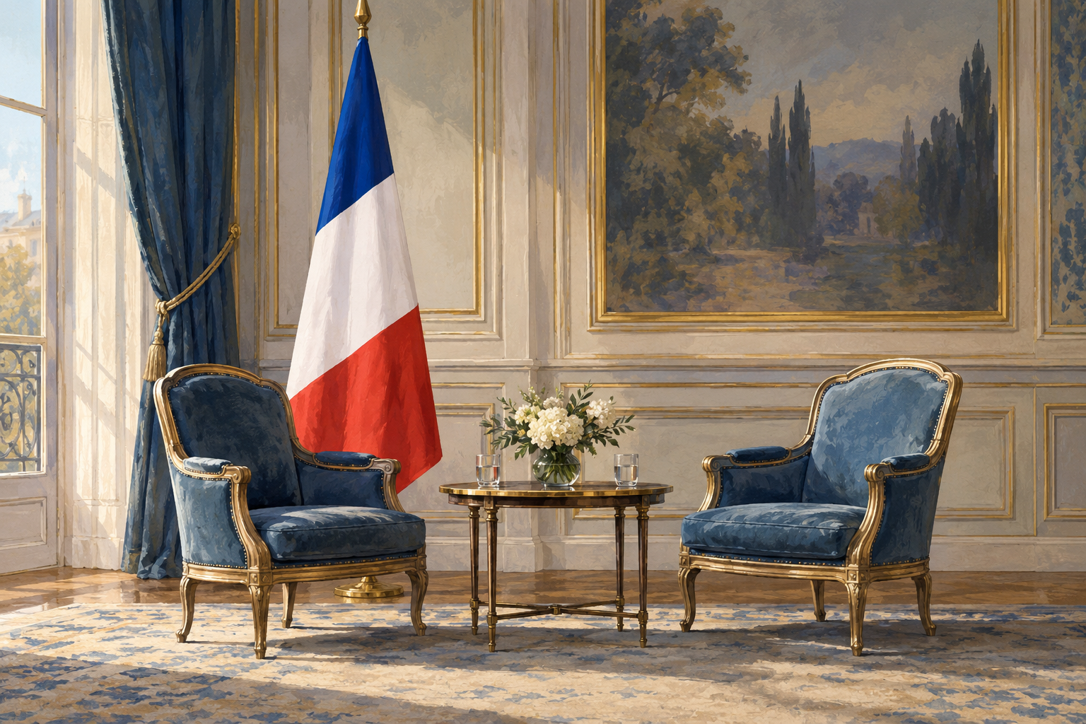 Imagen generada con IA con fines ilustrativos. Bandera francesa y mesa diplomática genérica; no muestra la reunión, una fábrica o un contrato de KNDS.