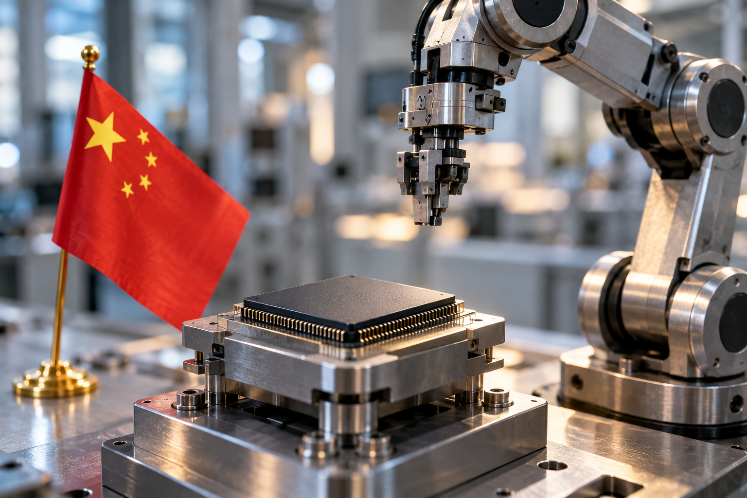 Imagen generada con IA con fines ilustrativos. Bandera china, componente electrónico y modelo robótico genéricos como concepto de cooperación industrial en IA; no muestra a Xi, una reunión de los BRICS ni un proyecto ejecutado.