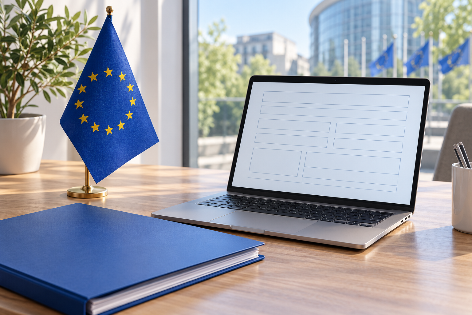 Imagen generada con IA con fines ilustrativos. Bandera europea, ordenador con formulario ficticio y carpeta de registro sin texto como concepto de un marco empresarial común; no reproduce el régimen propuesto ni un sistema de trámites real.