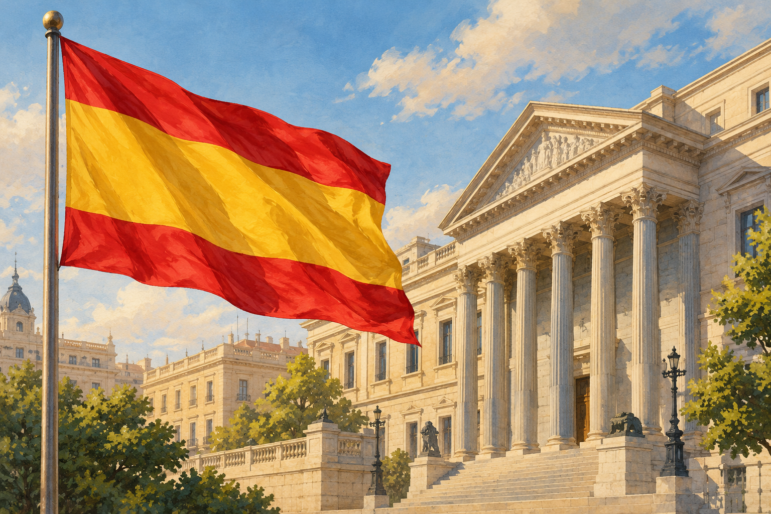 Imagen generada con IA con fines ilustrativos. Bandera española y arquitectura cívica genérica; no muestra el encuentro de Sánchez y Xi ni una sede oficial concreta.