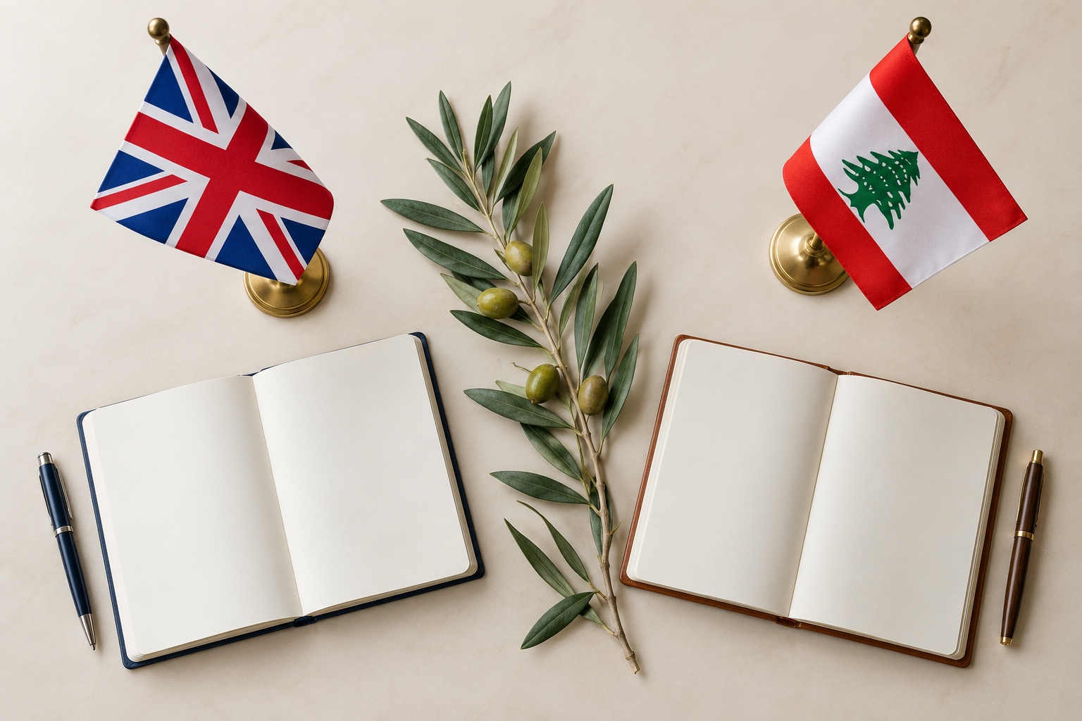 Imagen generada con IA con fines ilustrativos. Banderas británica y libanesa, rama de olivo y cuadernos vacíos como concepto de diplomacia de alto el fuego; no prueba el cumplimiento de la tregua ni representa una firma.