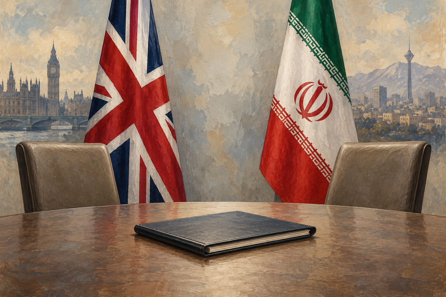 Imagen generada con IA con fines ilustrativos. Convocatoria británica del embajador iraní. Composición conceptual; no reconstruye una reunión, un documento firmado ni una operación real.