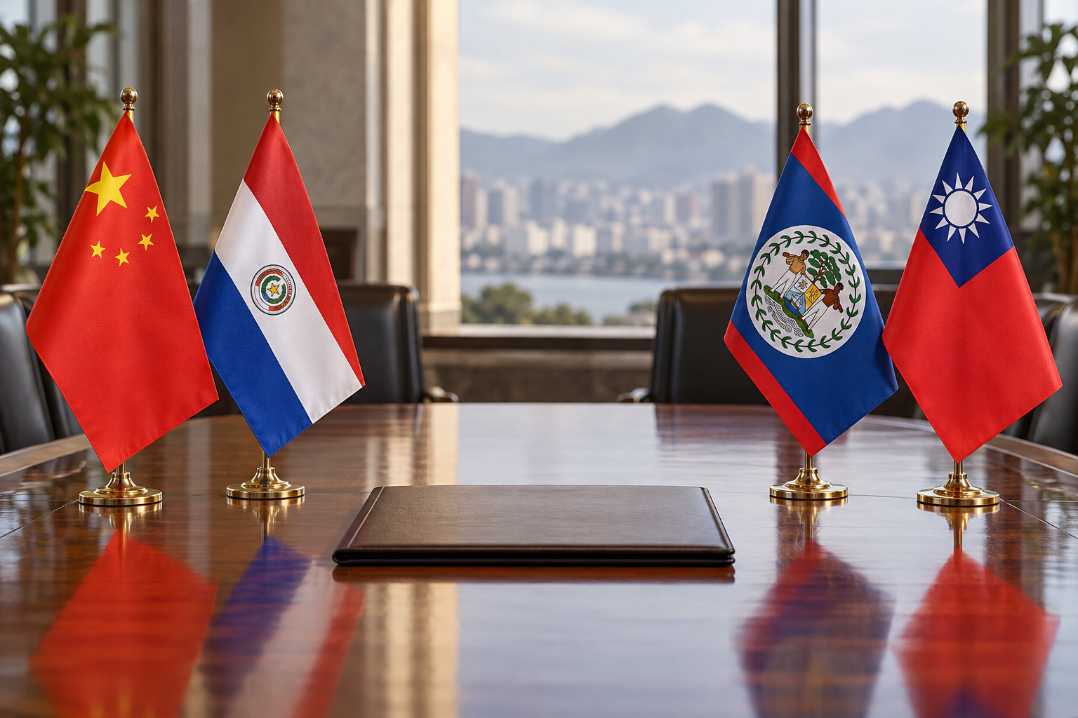 Imagen generada con IA con fines ilustrativos. Composición conceptual de banderas diplomáticas; no representa una reunión real.