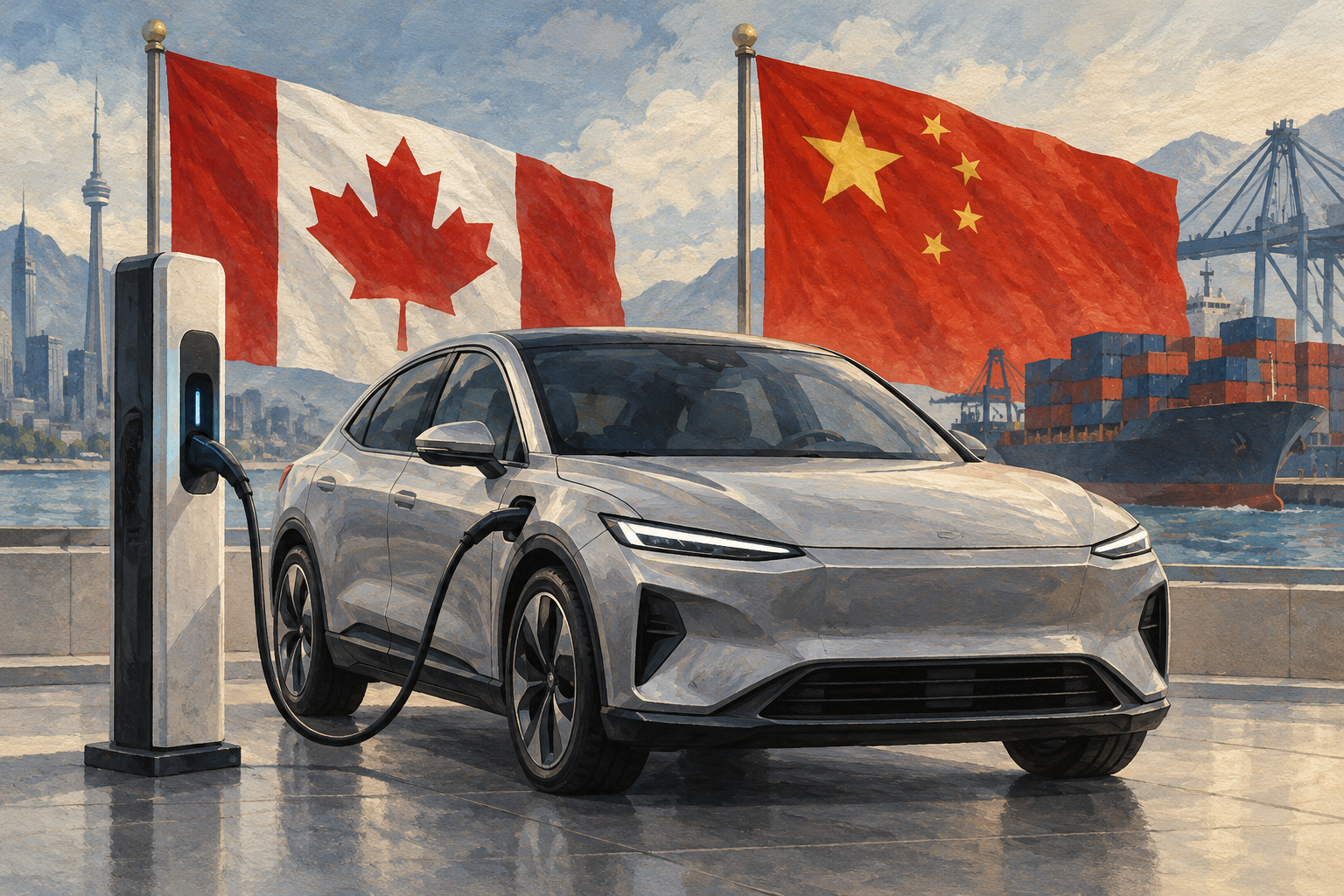 Imagen generada con IA con fines ilustrativos. Automóvil eléctrico, conector de carga y banderas de Canadá y China como concepto de la apertura comercial; no muestra un vehículo importado ni una cuota ya ejecutada.