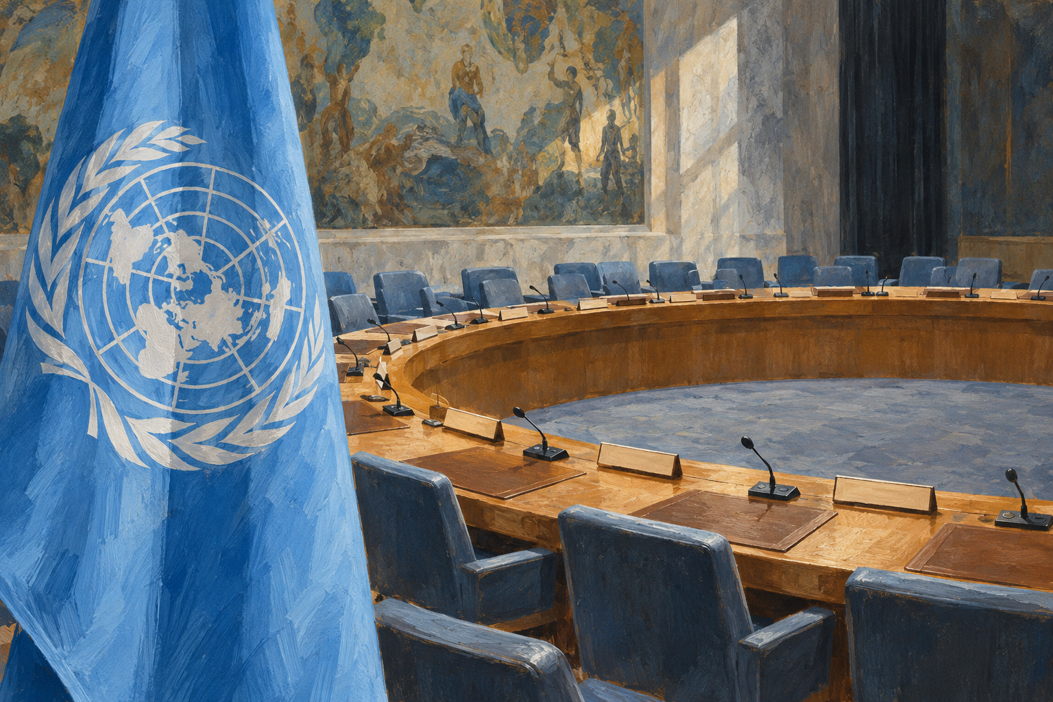 Imagen generada con IA con fines ilustrativos. Sanciones del Consejo de Seguridad de la ONU contra mandos sudaneses. Composición conceptual; no muestra una reunión, una decisión documentada ni un hecho real de 2026.