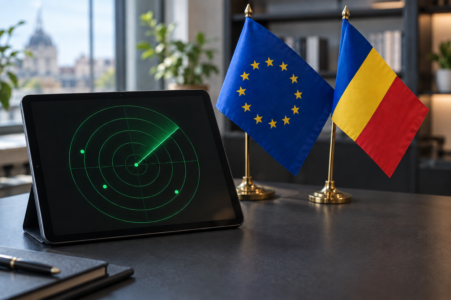 Imagen generada con IA con fines ilustrativos. Banderas europea y rumana junto a una pantalla de radar abstracta como contexto de vigilancia aérea; no muestra el dron, su caída, un edificio afectado ni datos reales de radar.