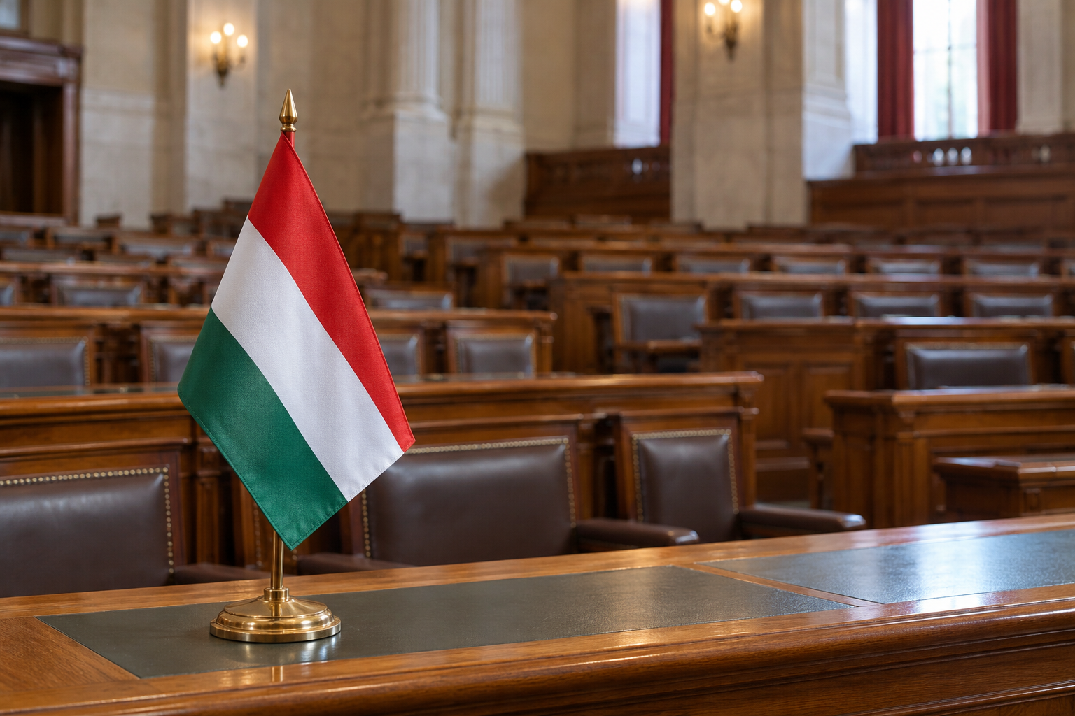 Imagen generada con IA con fines ilustrativos. Bandera húngara y escaños parlamentarios vacíos en una sala ficticia; no representa a Péter Magyar ni una sesión real del Parlamento.