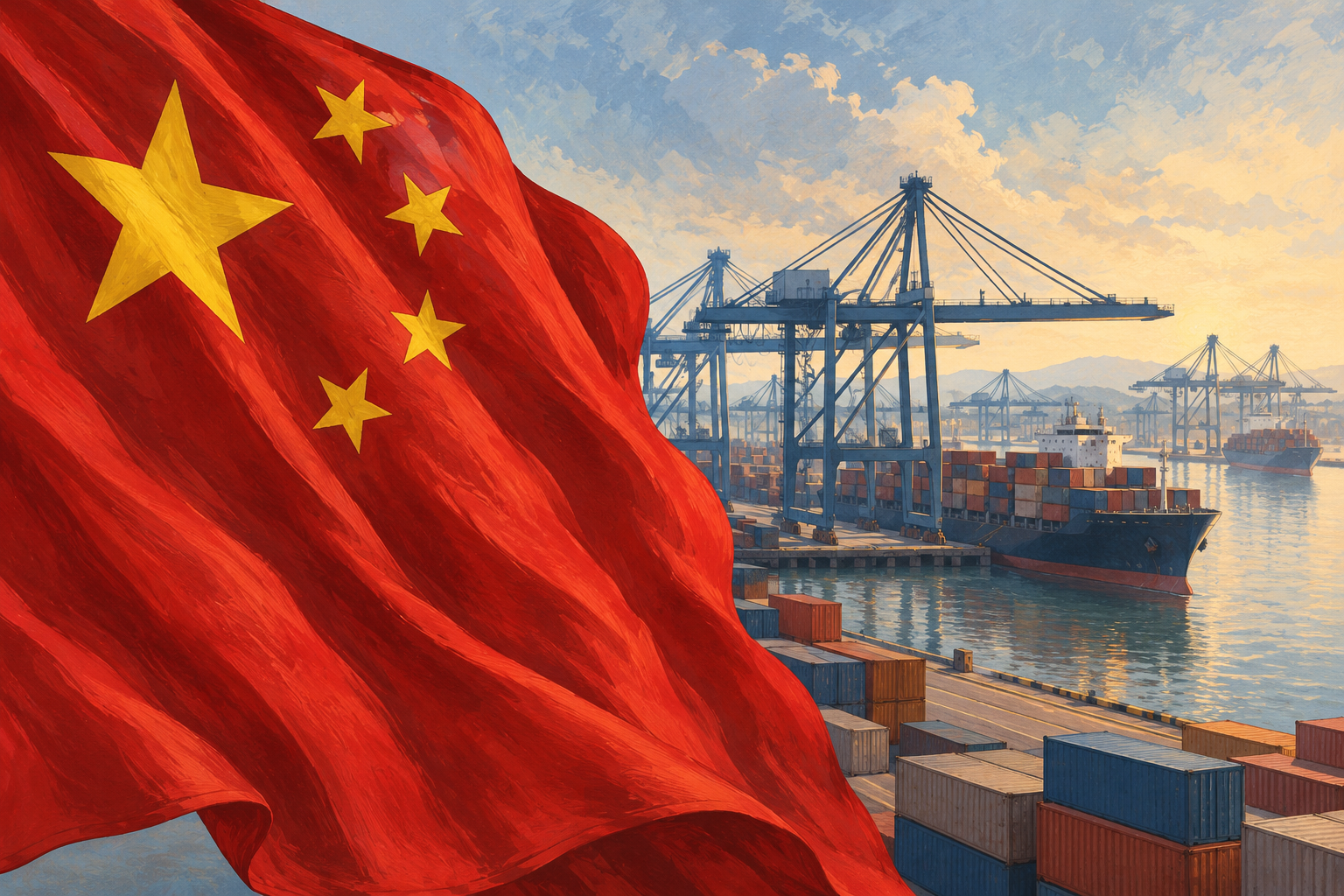 Imagen generada con IA con fines ilustrativos. Bandera china y puerto conceptual como contexto comercial; no documenta la reunión ni la ejecución de los entendimientos.
