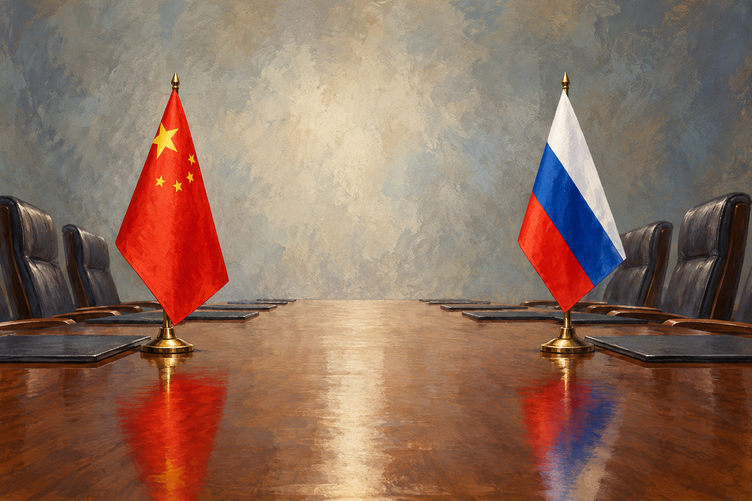 Imagen generada con IA con fines ilustrativos. Banderas de China y Rusia ante sillas vacías; no reconstruye la reunión de Xi y Lavrov.