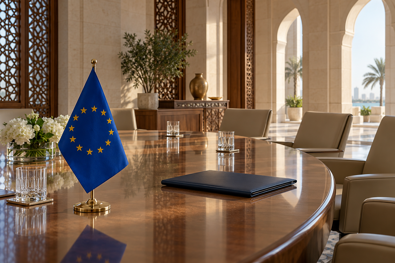 Imagen generada con IA con fines ilustrativos. Mesa de negociación vacía con símbolo europeo en un interior genérico de inspiración del Golfo; no representa la reunión ni una sede identificable.