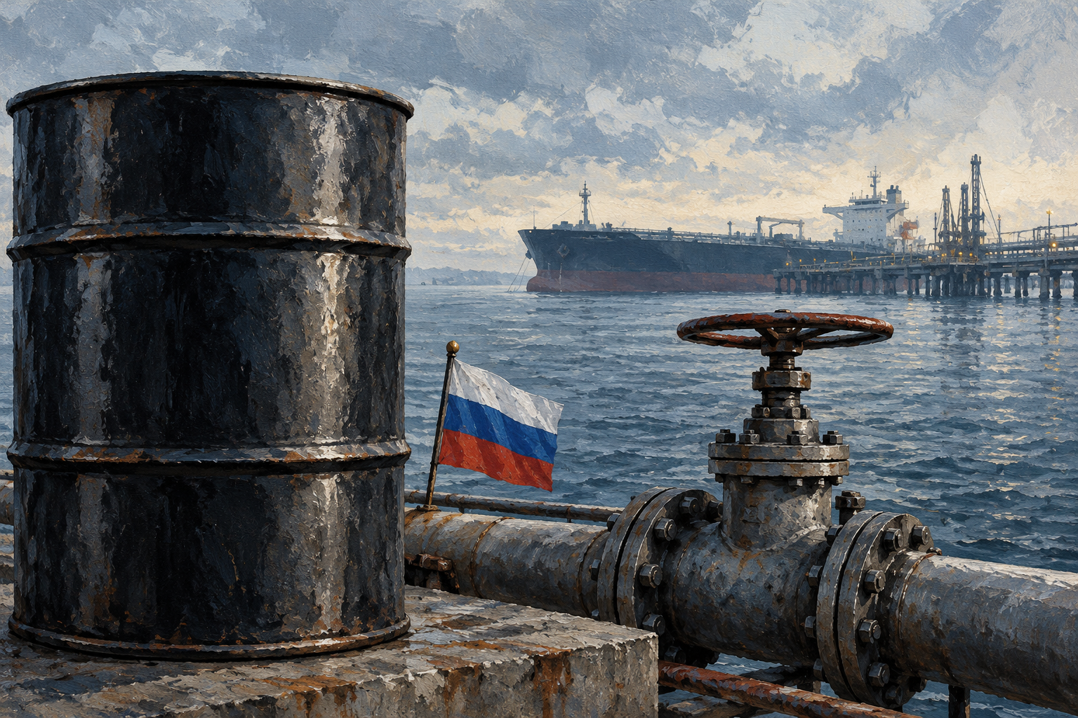 Imagen generada con IA con fines ilustrativos. Restricciones británicas contra intereses rusos vinculados al comercio petrolero. Composición conceptual; no muestra una reunión, una decisión documentada ni un hecho real de 2026.