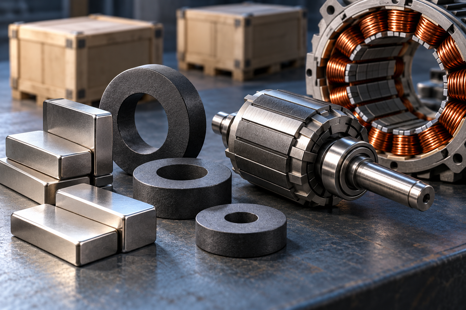 Imagen generada con IA con fines ilustrativos. Imanes industriales, componentes de motor y cajas logísticas genéricas como concepto de cadenas de suministro; no muestra un proveedor, una cuota ni resultados de diversificación.