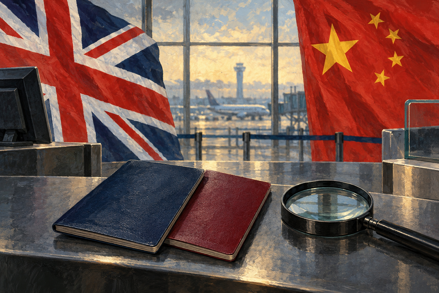 Imagen generada con IA con fines ilustrativos. Cooperación prevista entre Reino Unido y China contra el tráfico de migrantes. Composición conceptual; no reconstruye una reunión, un documento firmado ni una operación real.