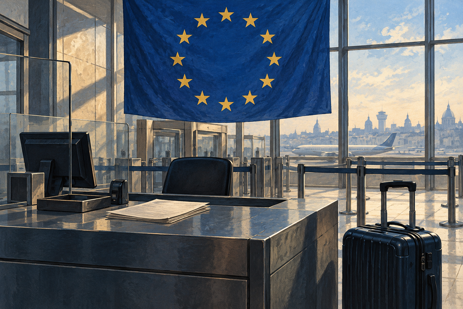 Imagen generada con IA con fines ilustrativos. Control fronterizo conceptual con símbolo europeo; no muestra un centro de retorno real.