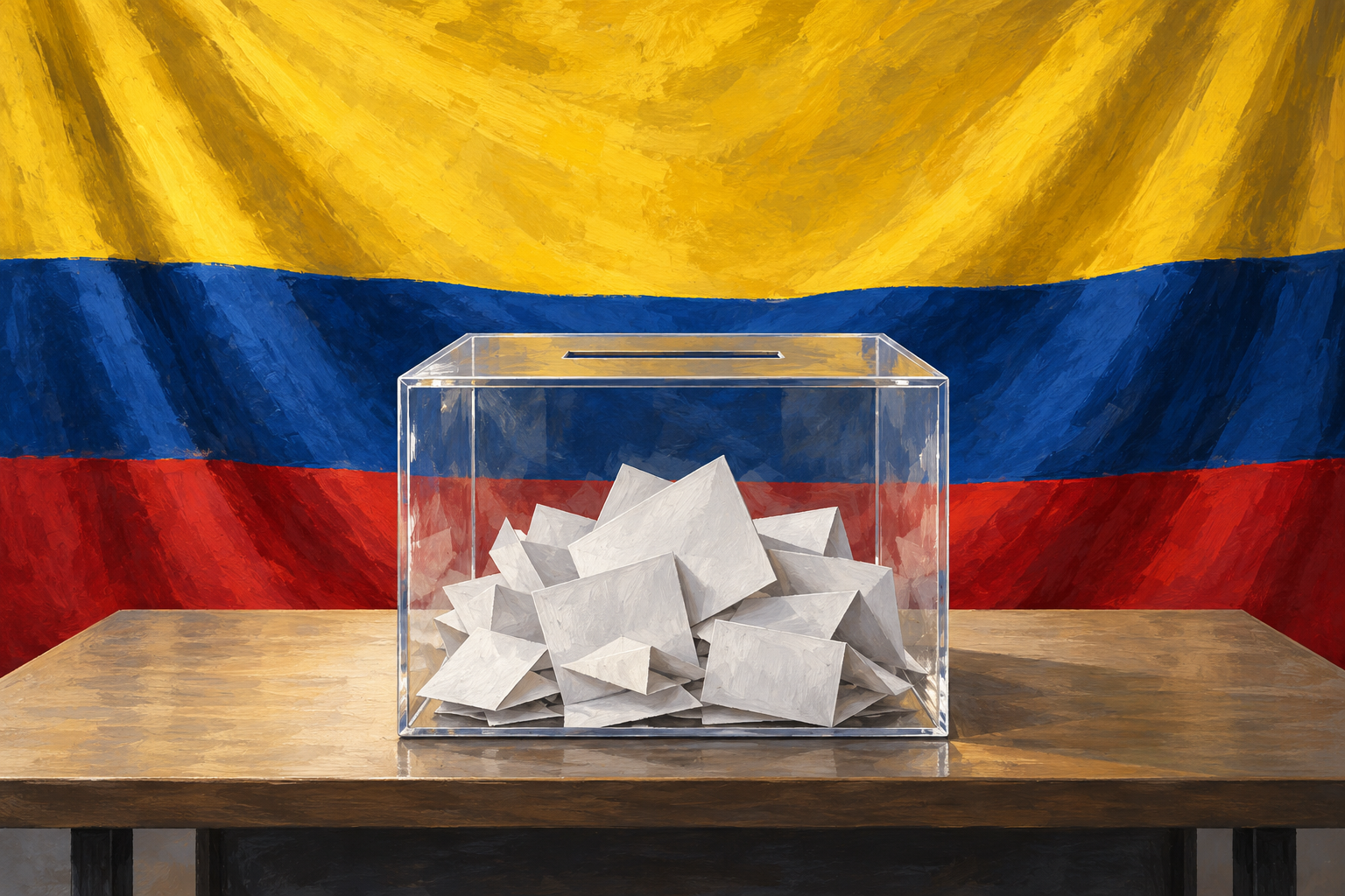 Imagen generada con IA con fines ilustrativos. Primera vuelta de las elecciones presidenciales colombianas. Composición conceptual; no muestra una reunión, una decisión documentada ni un hecho real de 2026.