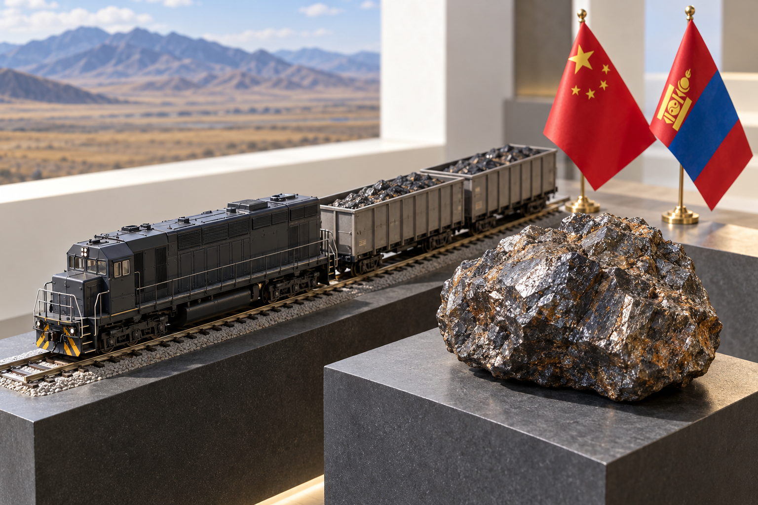 Imagen generada con IA con fines ilustrativos. Banderas de China y Mongolia, tren en miniatura y muestra mineral como concepto de conectividad; no muestra una ruta, un yacimiento ni un proyecto real.