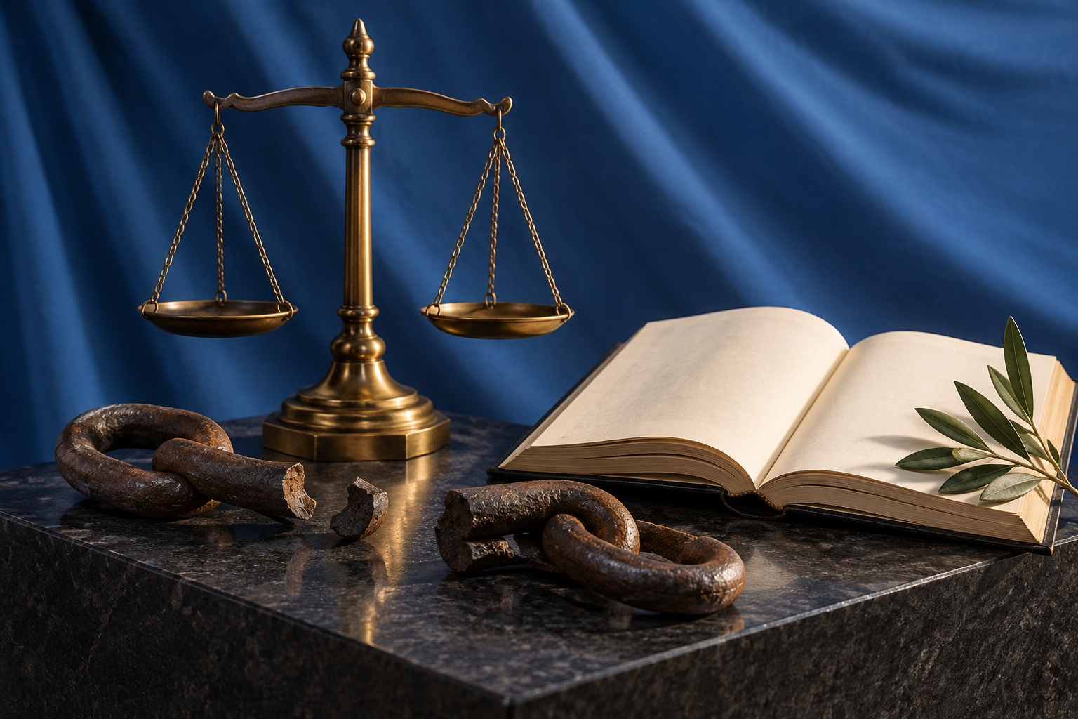 Imagen generada con IA con fines ilustrativos. Balanza, eslabones rotos y libro sin texto como símbolos de memoria, justicia y reparación; no reproduce el texto de la resolución ni una sesión de Naciones Unidas.
