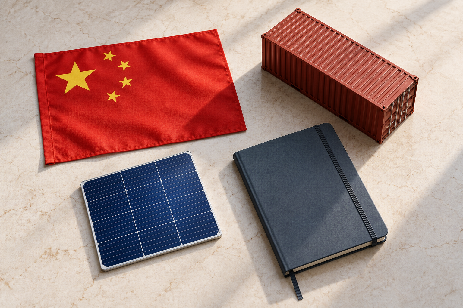 Imagen generada con IA con fines ilustrativos. Bandera china, contenedor y muestra de célula solar como concepto de cooperación tecnológica y comercial; no representa un proyecto ejecutado ni una reunión de los BRICS.