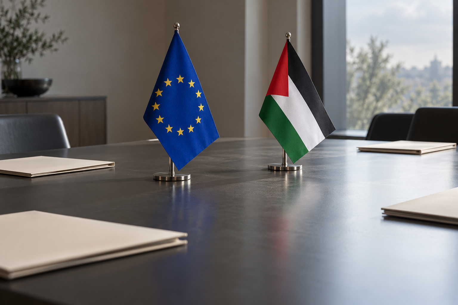 Imagen generada con IA con fines ilustrativos. Banderas europea y palestina sobre una mesa vacía como contexto del pronunciamiento sobre Gaza; no muestra una reunión ni representa fronteras o control territorial.