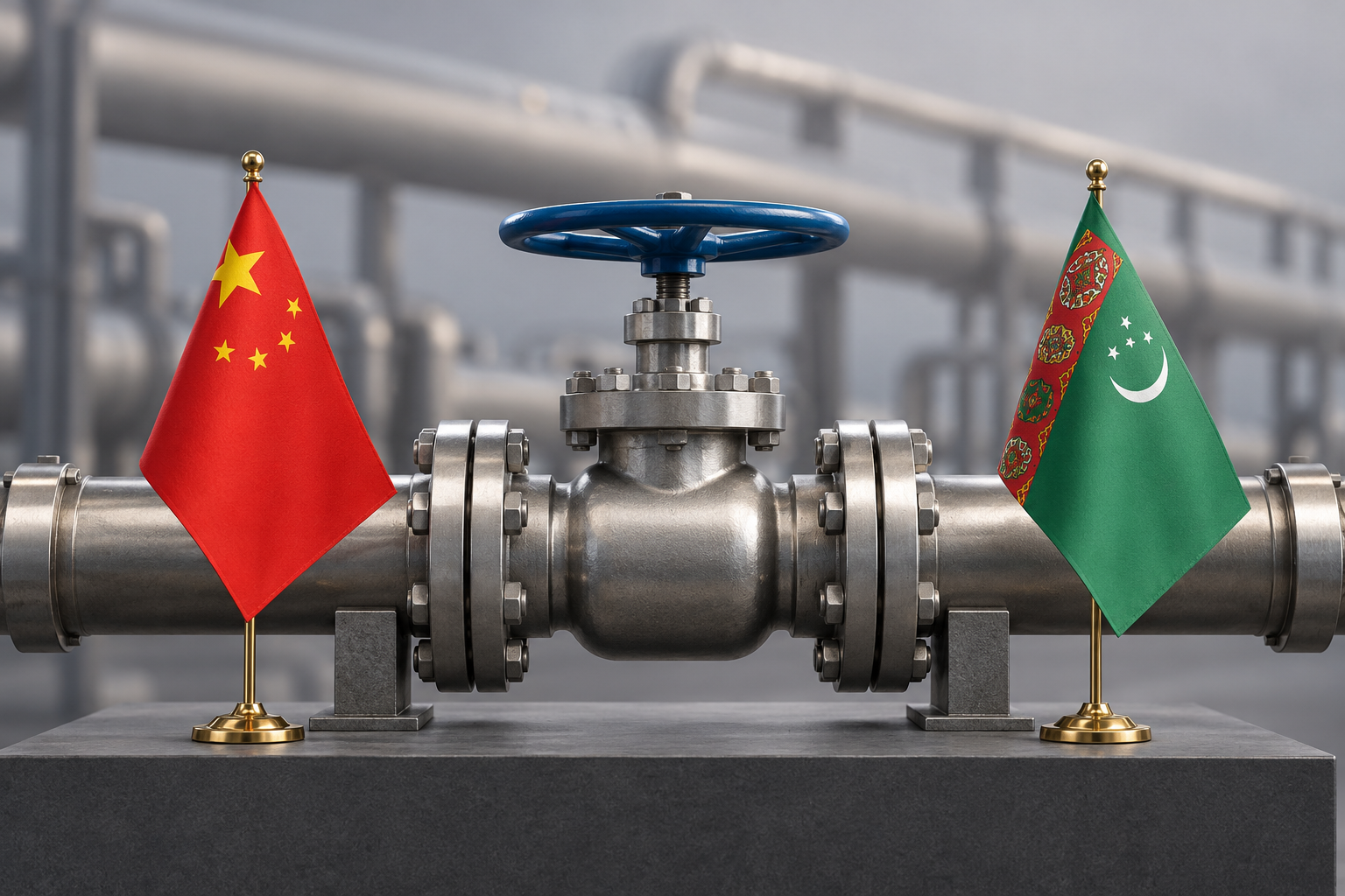 Imagen generada con IA con fines ilustrativos. Válvula industrial y banderas de China y Turkmenistán como concepto de cooperación gasífera; no muestra la firma, una instalación ni flujos reales.