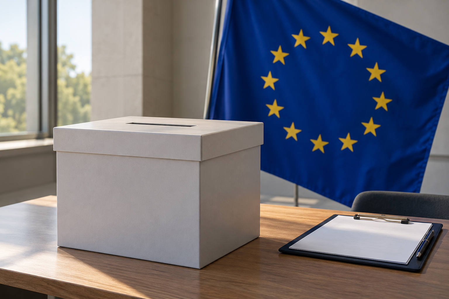 Imagen generada con IA con fines ilustrativos. Bandera europea, urna genérica cerrada y carpeta de observación como concepto de reconocimiento electoral; no muestra un centro de votación de Osetia del Sur, resultados ni fronteras.