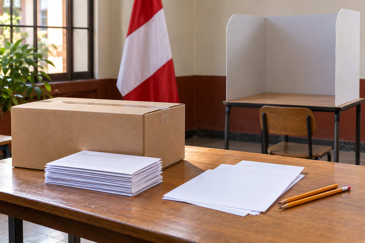 Imagen generada con IA con fines ilustrativos. Bandera peruana, caja de sobres electorales sin marcas y cabina vacía como concepto de disponibilidad de material de votación; no muestra un local afectado ni resultados electorales.
