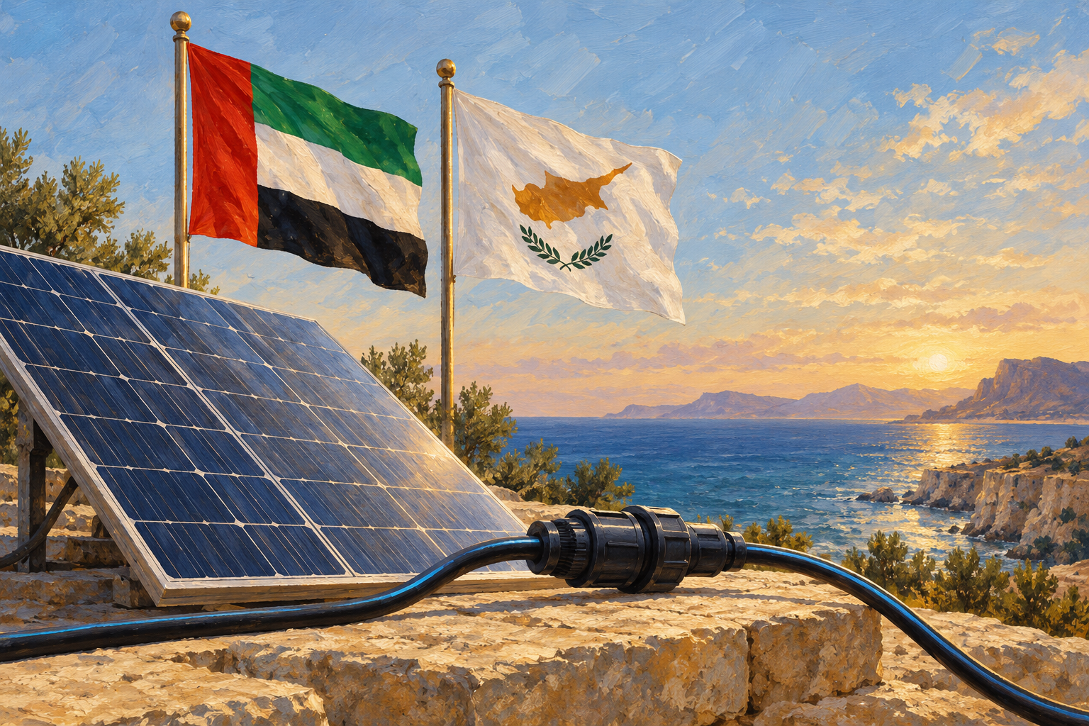 Imagen generada con IA con fines ilustrativos. Asociación energética entre Emiratos Árabes Unidos y Chipre. Composición conceptual; no reconstruye una reunión, un documento firmado ni una operación real.