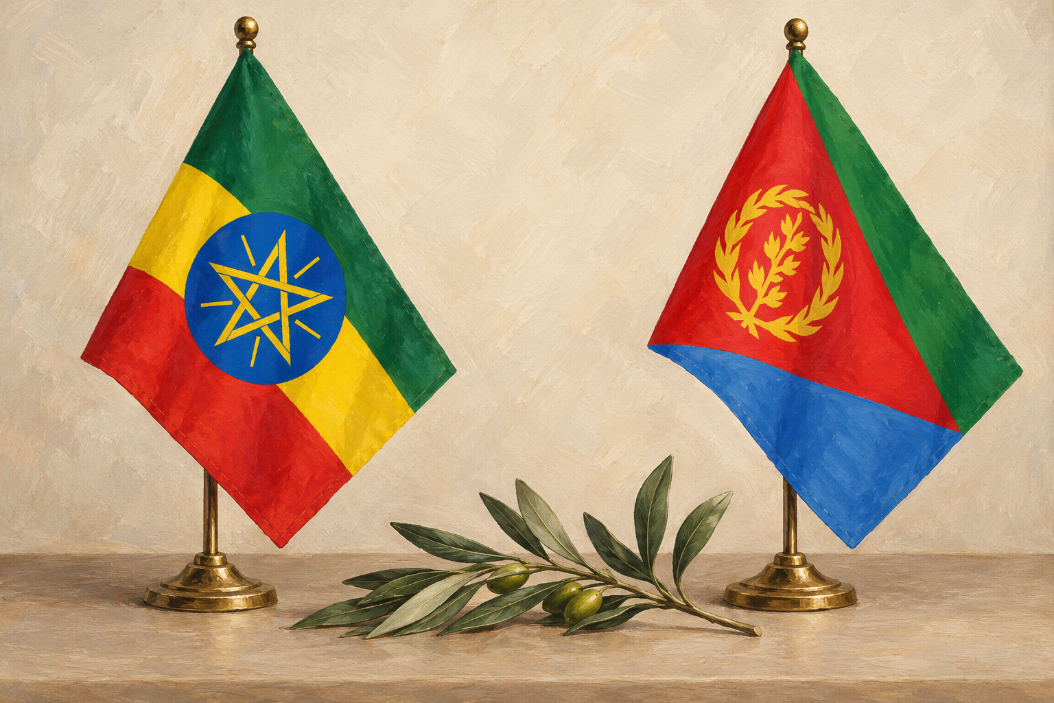 Imagen generada con IA con fines ilustrativos. Banderas de Etiopía y Eritrea en un espacio diplomático conceptual; no representa una negociación celebrada ni un acuerdo alcanzado.