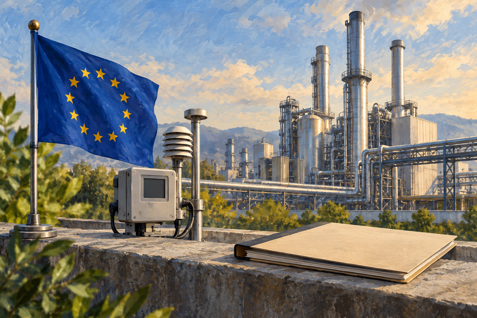 Imagen generada con IA con fines ilustrativos. Negociación europea de derechos de emisión para industrias intensivas en energía. Composición conceptual; no muestra una reunión, una decisión documentada ni un hecho real de 2026.