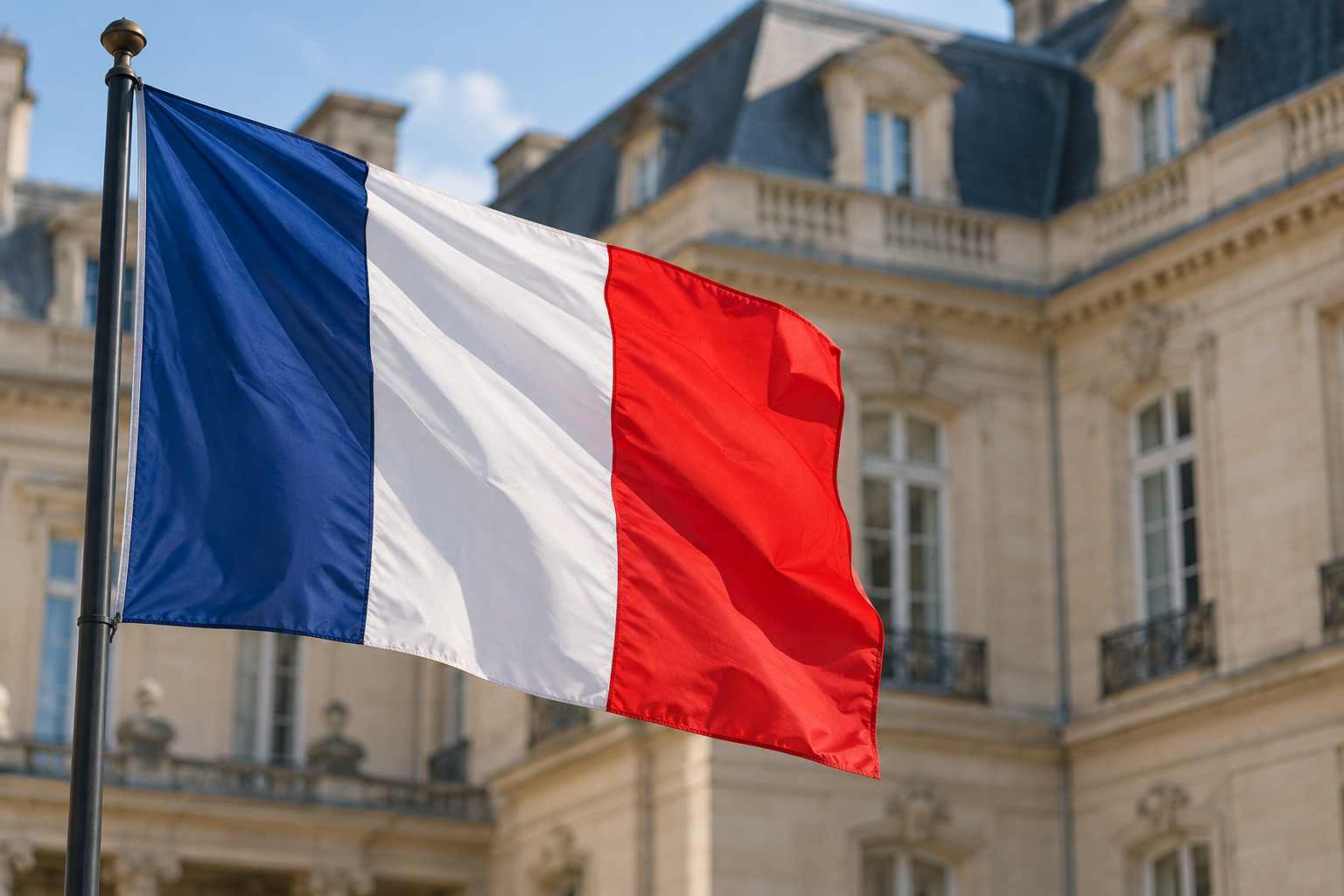Imagen generada con IA con fines ilustrativos. Bandera francesa y fachada genérica como contexto del Gobierno que anuncia la política; no representa una instalación nuclear ni el acto de Macron.