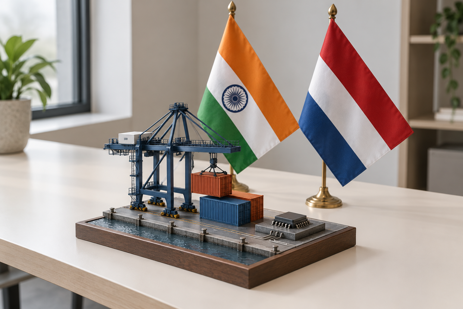 Imagen generada con IA con fines ilustrativos. Banderas de India y Países Bajos junto a modelos logísticos y tecnológicos como concepto de asociación estratégica; no muestra puertos, ejercicios ni acuerdos ejecutados.