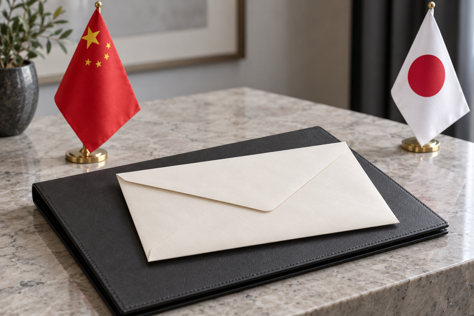 Imagen generada con IA con fines ilustrativos. Banderas de China y Japón, sobre cerrado y carpeta sin marcas como concepto de protesta diplomática; no muestra Yasukuni ni una visita o manifestación real.
