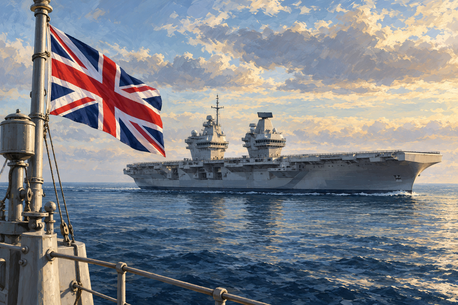 Imagen generada con IA con fines ilustrativos. Anuncio del despliegue de un grupo de portaaviones británico al Atlántico Norte y el Ártico. Composición conceptual; no reconstruye una reunión, un documento firmado ni una operación real.