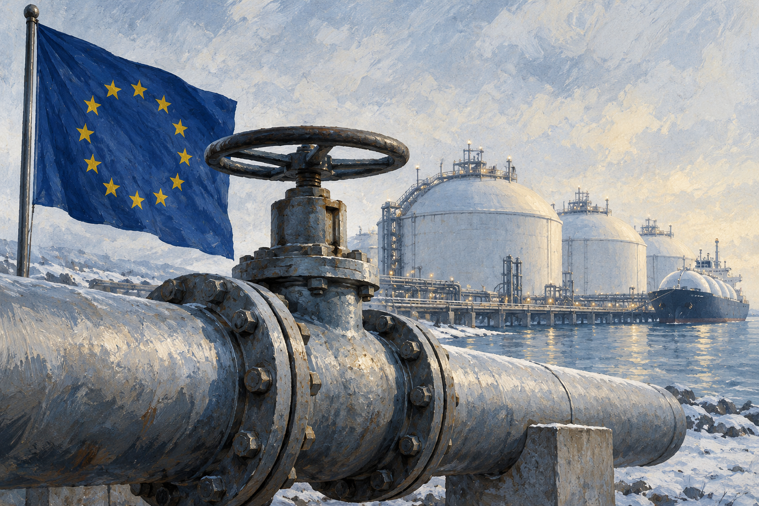 Imagen generada con IA con fines ilustrativos. Concepto de política europea sobre gas; no representa un gasoducto concreto ni acredita que las importaciones ya cesaran.