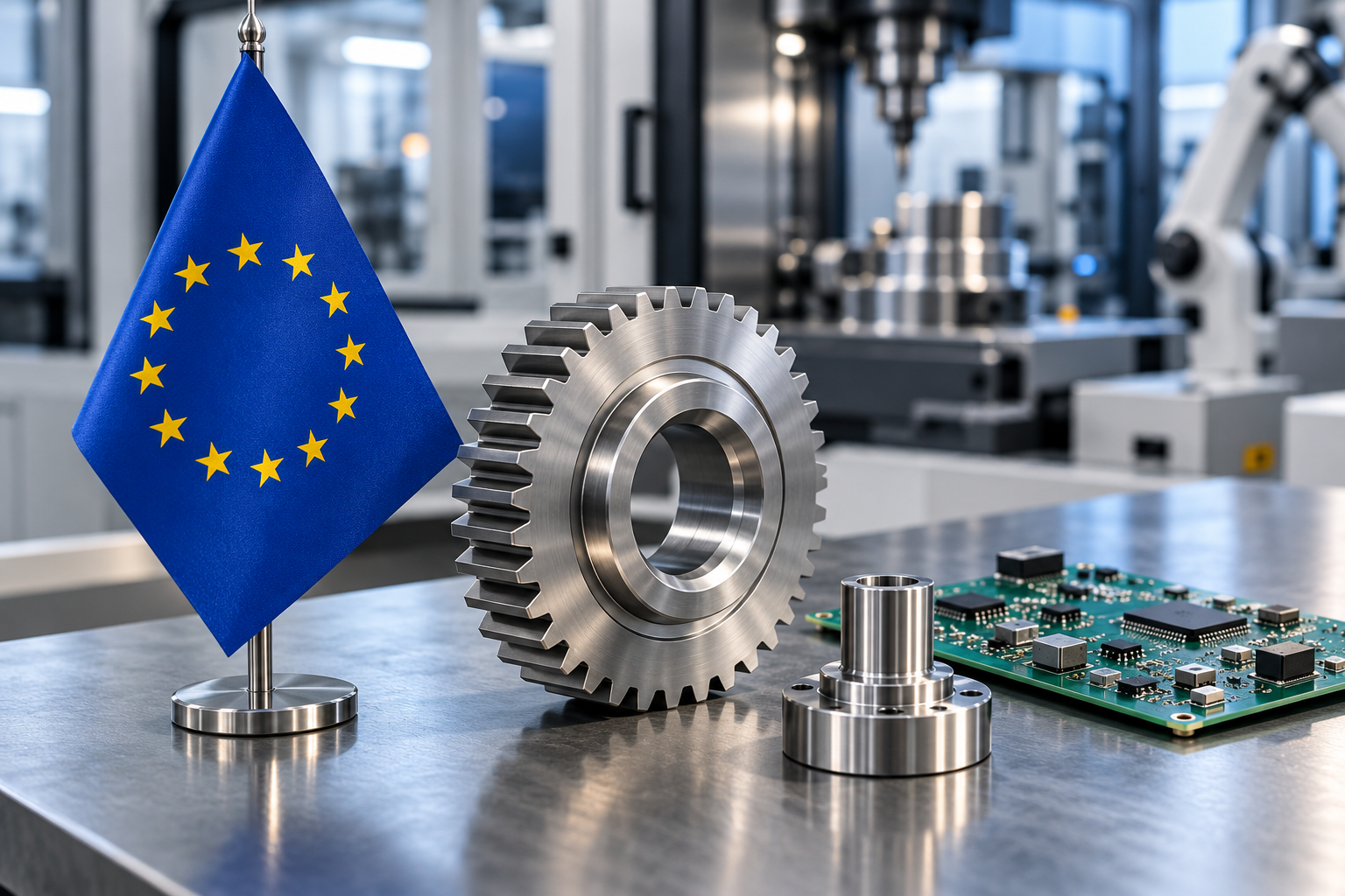 Imagen generada con IA con fines ilustrativos. Bandera europea, engranaje, componentes metálicos y circuito genérico como concepto de industria estratégica; no muestra una fábrica real ni un proyecto financiado.
