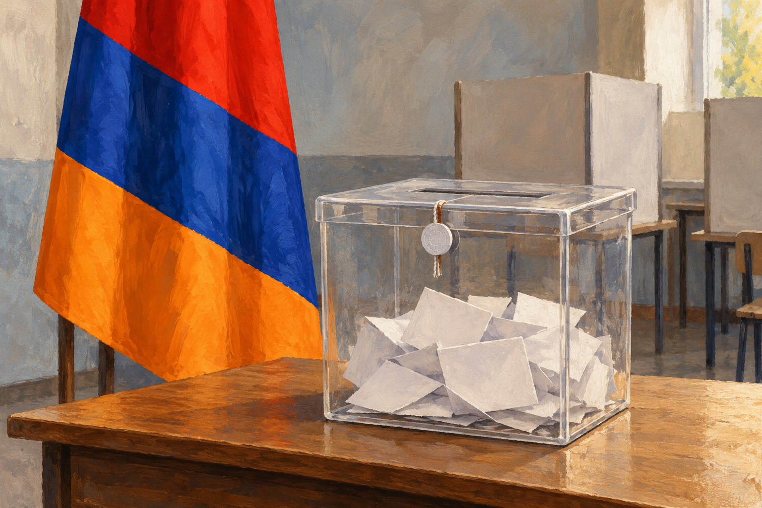 Imagen generada con IA con fines ilustrativos. Apoyo europeo a la integridad de las elecciones armenias. Composición conceptual; no reconstruye una reunión, un documento firmado ni una operación real.
