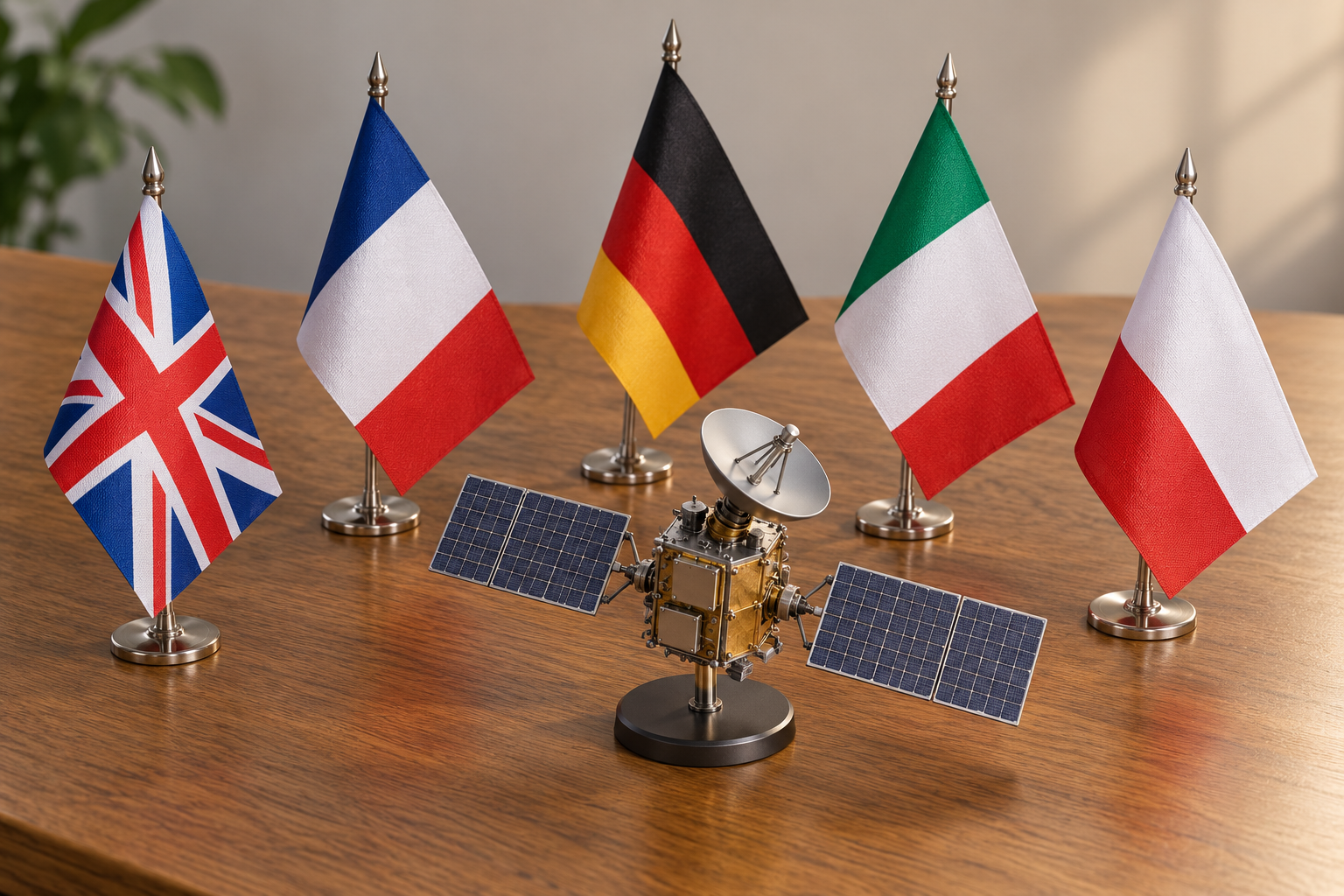 Imagen generada con IA con fines ilustrativos. Banderas de Reino Unido, Francia, Alemania, Italia y Polonia alrededor de una maqueta genérica de comunicaciones; no representa la reunión ni un proyecto satelital acordado.